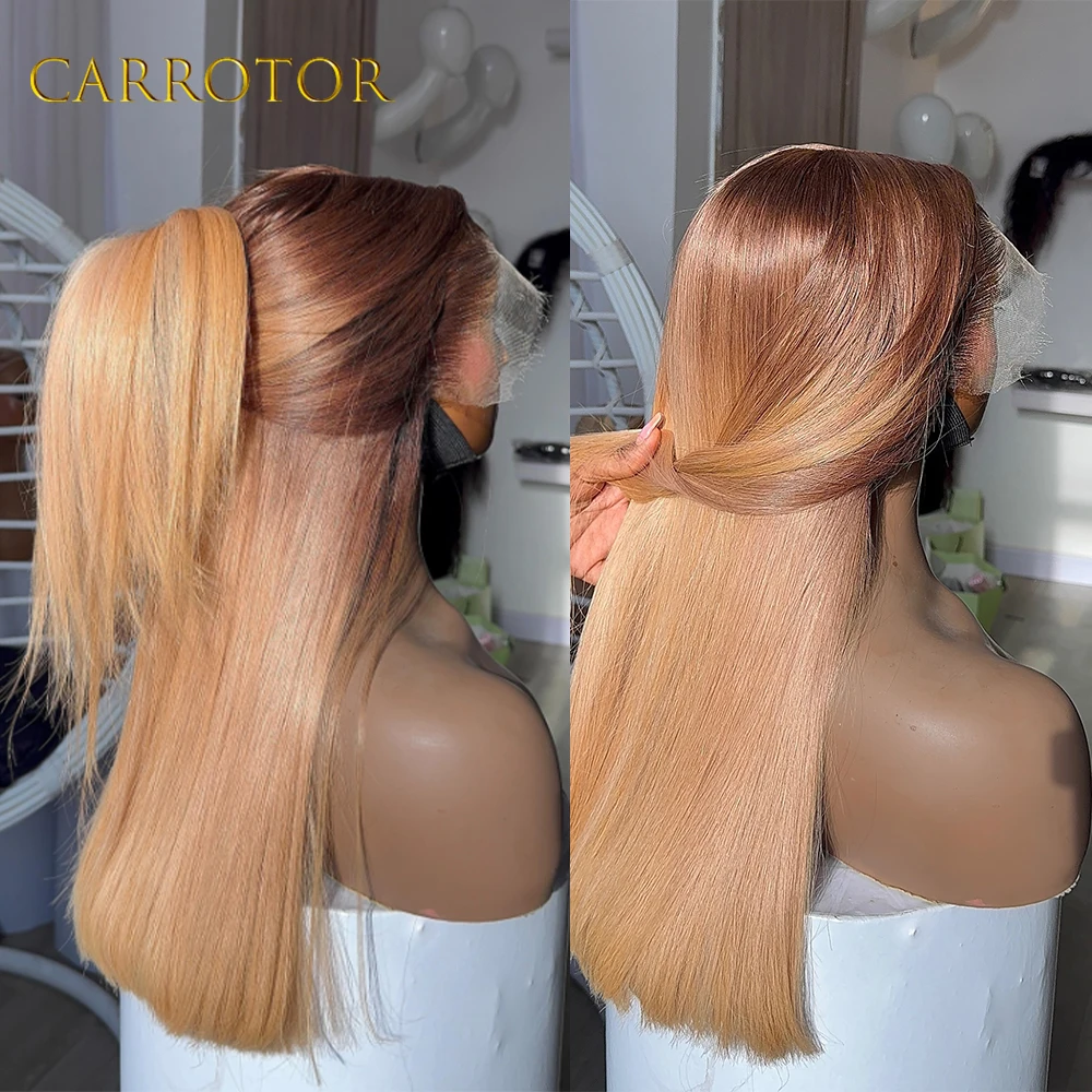 Фото Парик из натуральных волос 4/27 Honey Blonde, прямой, с прозрачной кружевной передней частью 13x4, 250% плотность, без клея, предварительно прорезанный, для женщин №3