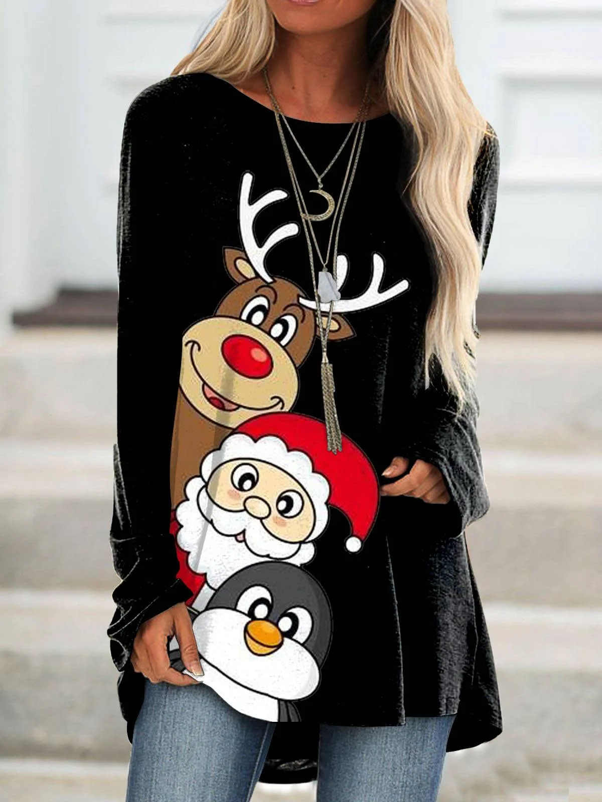 

Christmas ELk Printed Long Sleeves T-Shirt Vintage Women T Shirts Oversized Blusas Streetwear Harajuku Girls New Year Clothing