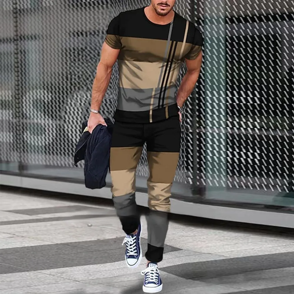 Men's 2 Piece Sets Oversized Sportwear Suit Fashion Short Sleeve Tshirt+Trousers Jogging Set Male Clothing 2 Piece Sets Outfit