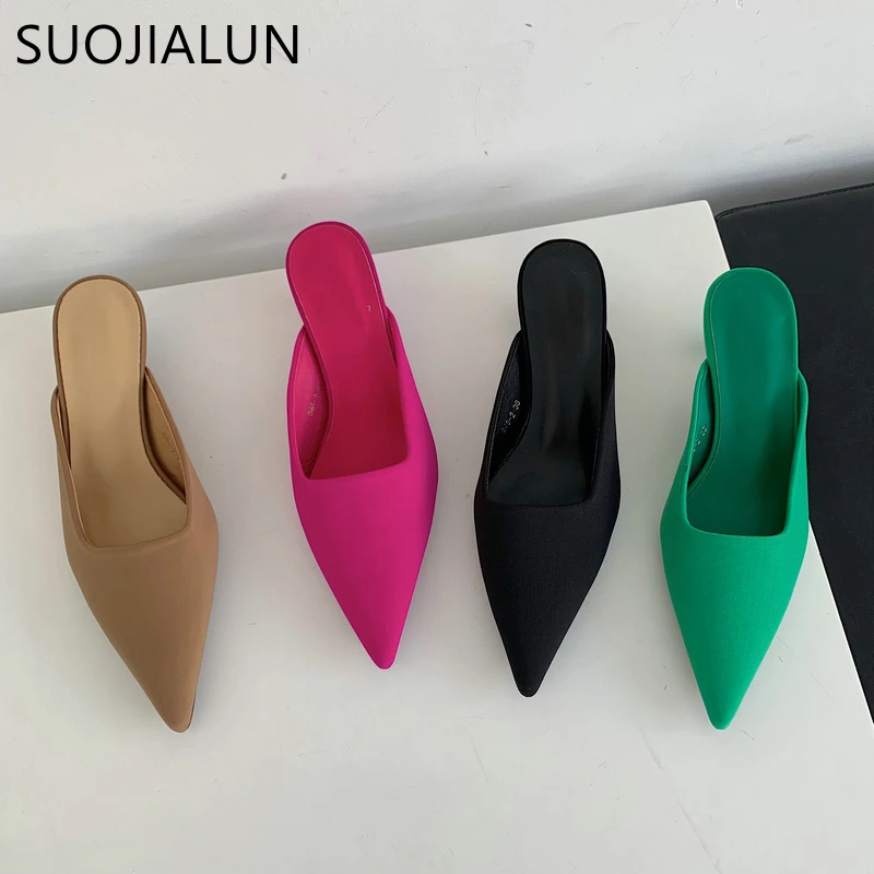 

SUOJIALUN 2022 Spring Closed Toe Women Slippers Thin Low Heel Ladies Shallow Slip On Pointed Mules Shoes Outdoor Sandal Mujer