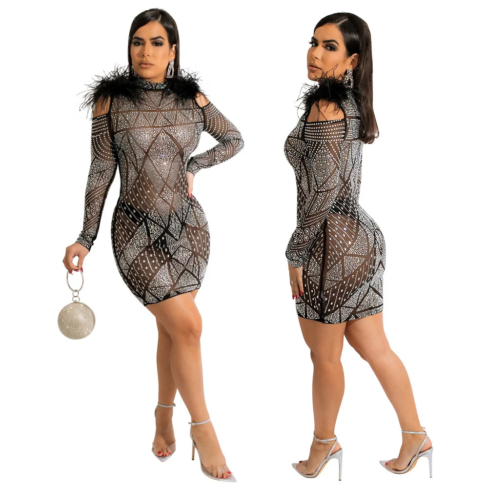 

Zoctuo Fashion Sexy Leaky Shoulder Dress For Women Long Sleeve Hot Diamond Bodycon Club Party Evening Mini Dress Woman Clothing