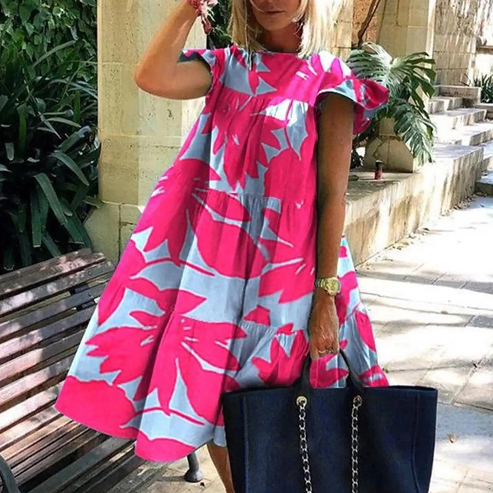 

Women Summer Tunic Dress ONeck Casual Loose Flowy Swing Dresses Mini Dress Casual