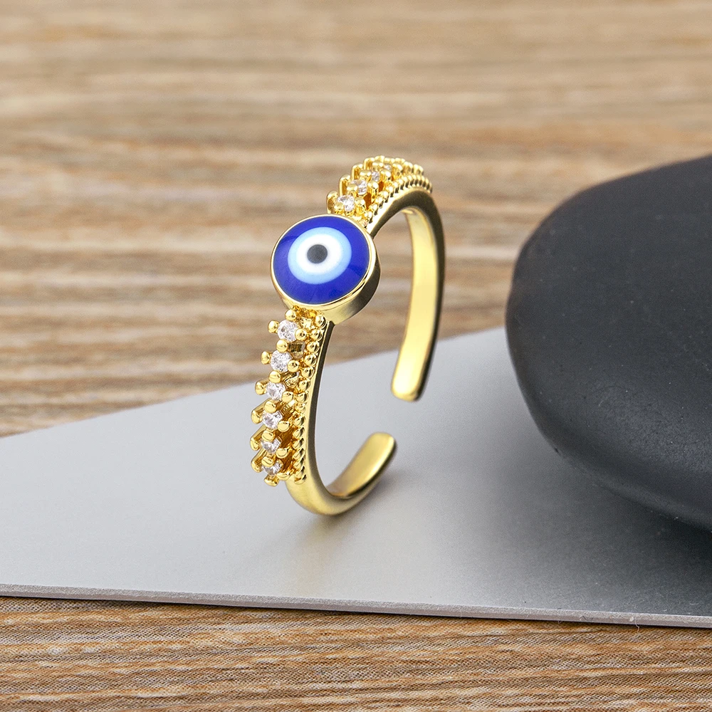 

Nidin Boho Round Blue Zircon Evil Eye Finger Ring For Women Bling Turkish Lucky Eye Open Adjustable Wedding Party Jewelry Gifts