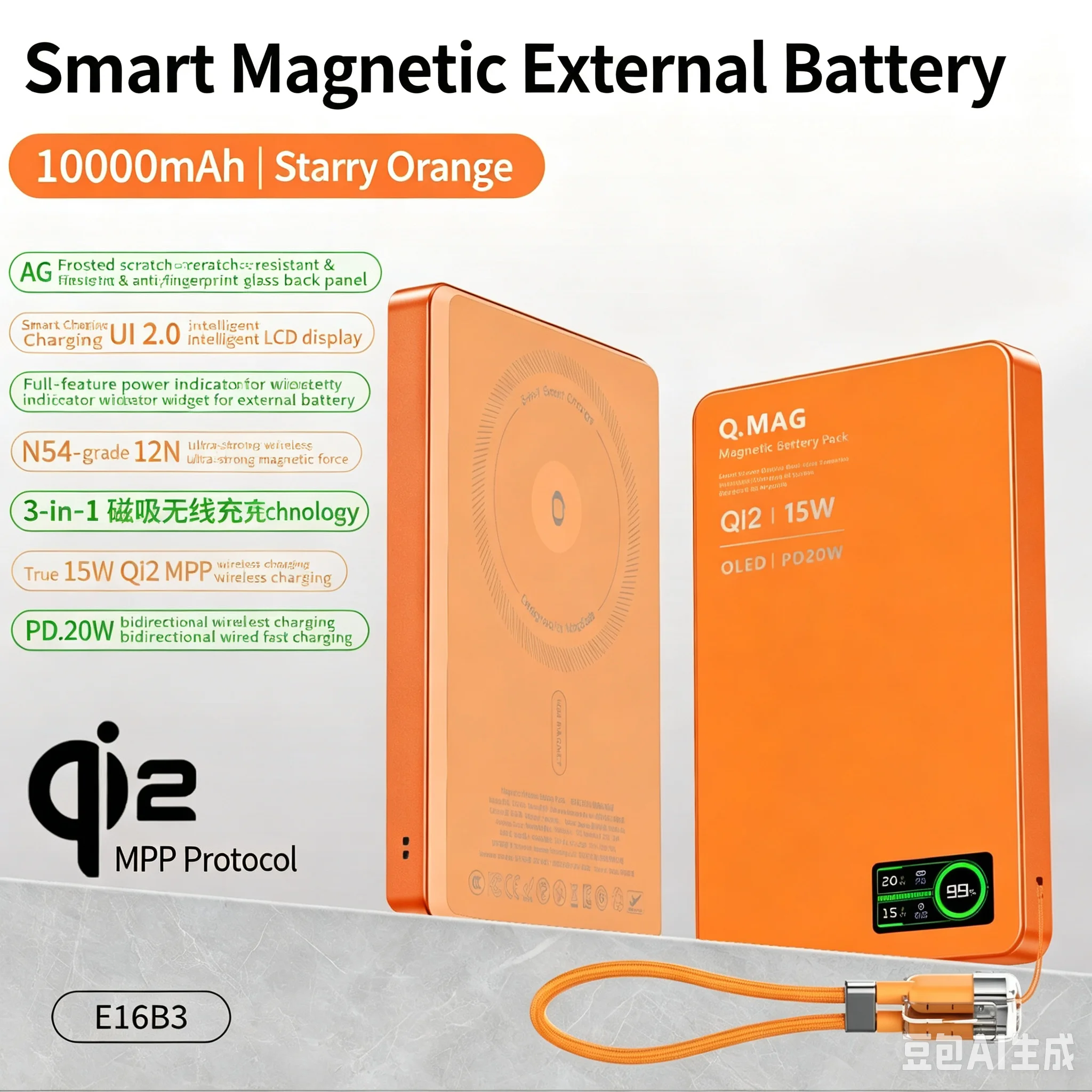 Портативный внешний аккумулятор CCC Slim Original Qi2 Power Bank для быстрой беспроводной зарядки MagSafe для iPhone 17, 16, 15 PRO, iWatch 10 (art.: 3920da57732d2) - 3920da57732d2
