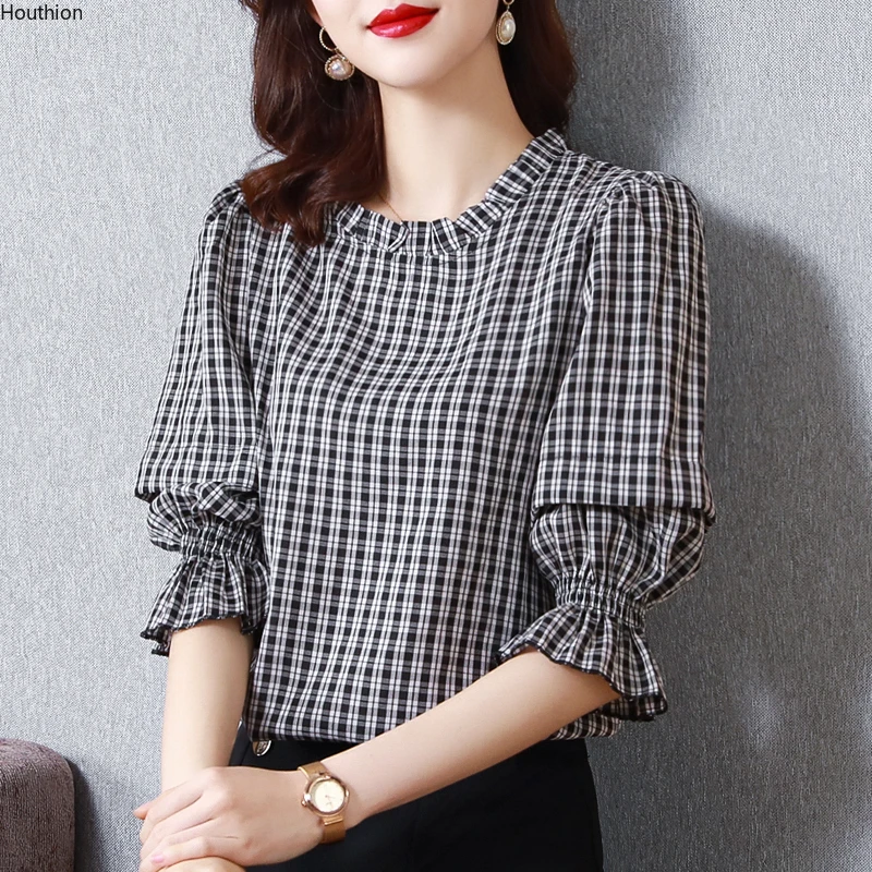 

Summer Shirt Women Blouse Short Sleeve Korean Fashion Chiffon Casual O Neck Plaid Houthion