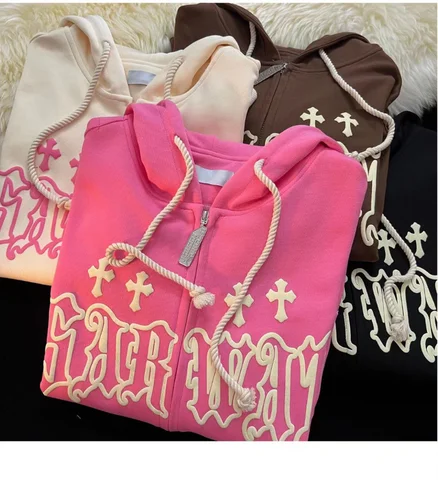 Women Vintage Zip Up essentials Hoodie   Letter Print Long Sleeve Loose Hooded Sweatshirts Goth Streetwear Jackets Coats Y2k