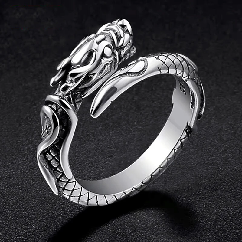 

Vintage Dragon Open Ring for Men Heroic Spirit Silver Color Dragon Hyperbole Male Rings Punk Style Personality Men Jewelry
