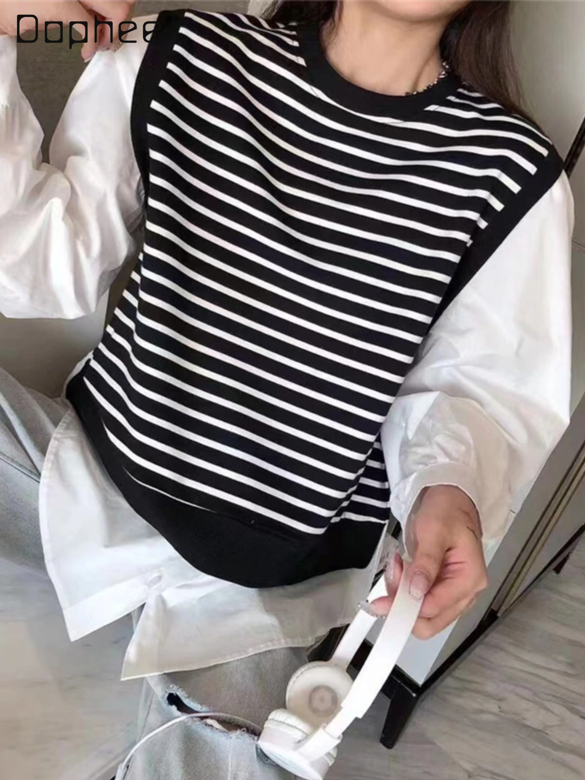 

Autumn New Korean Style Loose Striped Stitching Shirt Sleeve Fake Two Piece Tops Women's Round Neck Pullover Leisure Hoodies