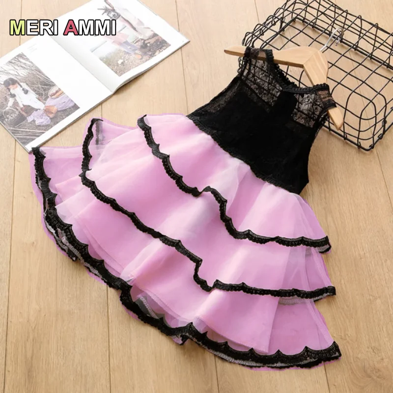 

MERI AMMI For Baby Children Girl Dressing Short Sleeve TuTu Lace Mesh Cake Dresses Princess Dresses For 2-7 Year Kids