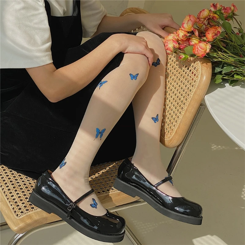 Women Girls Blue Print Pantyhose Summer See-Through Ultra-Thin Silky Tights Japanese Seamless Stockings