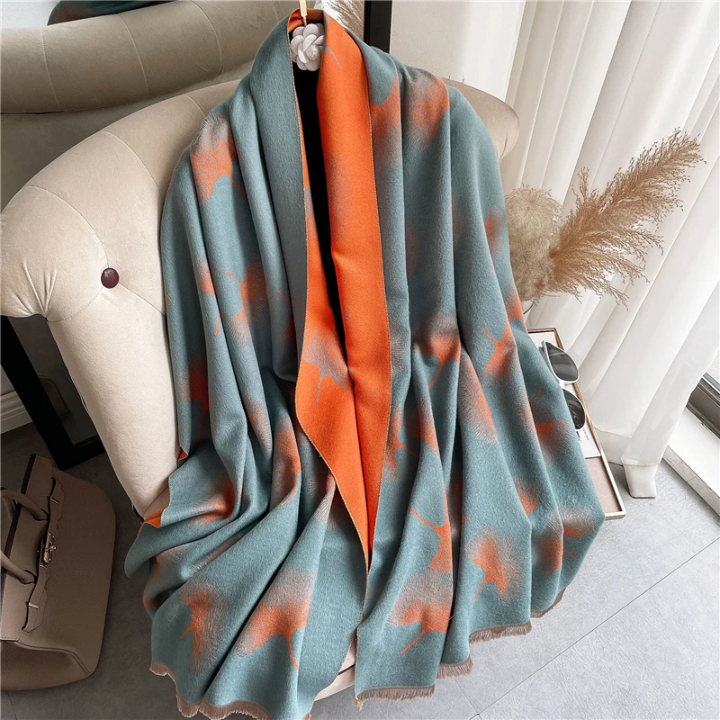 Women Scarf Cashmere Print Leaf Thick Warm Blanket Autumn Winter Pashmina Doubel-sided Tassel Soft Shawl Wrap Bufanda Echarpe