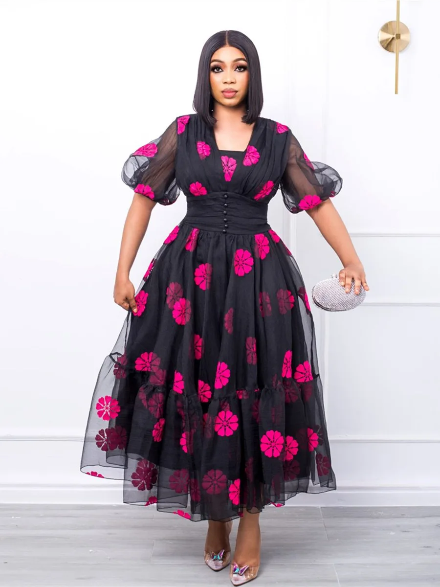 

Women Elegant Mesh Print Dress Pink Floral Puffy Short Sleeve Fit Flare Dress Ball Gown Sweet Formal Party Birthday Outfits