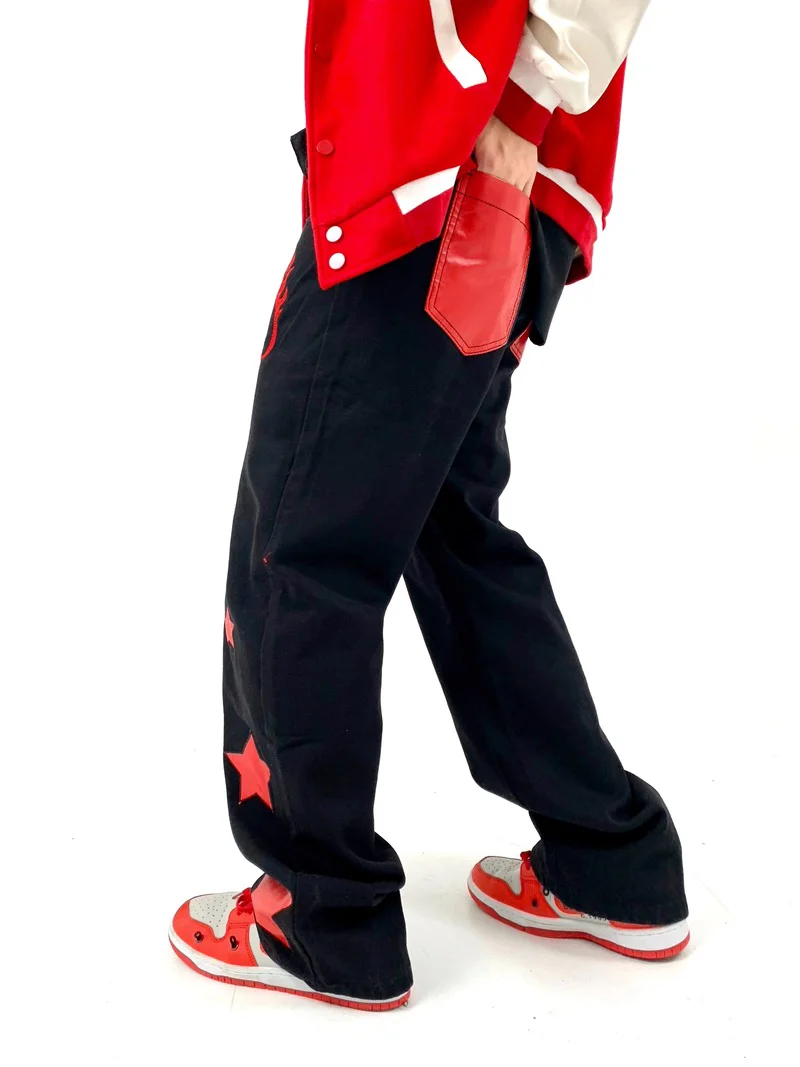 High Street Letter Embroidery Star Patchwork Denim Pants Mens Straight Zipper Jeans Hip Hop Streetwear New Casual Joggers Pants
