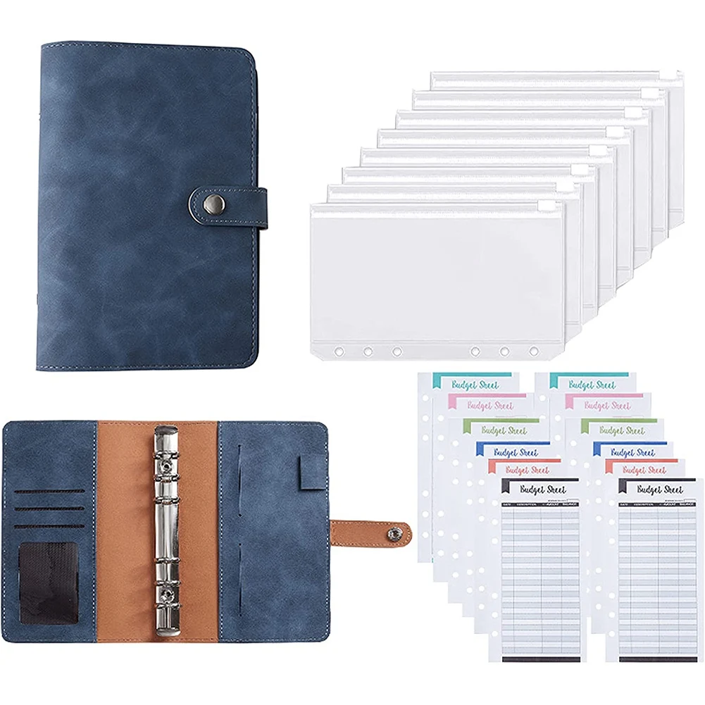 

A6 Notebook Binder with 8 Zipper Pouch and 12 Budget Sheet,Refillable 6 Ring Binder Loose Leaf Personal Planner Binder B