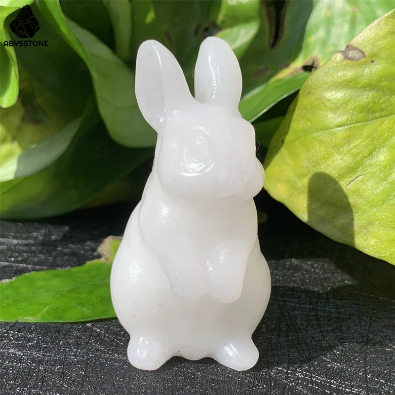 

Cute Natural Stones Rabbit Figurines Kawaii Bunny Hare Gemstones Ornaments for Easter White Jade Fluorite Opal Room Decoration