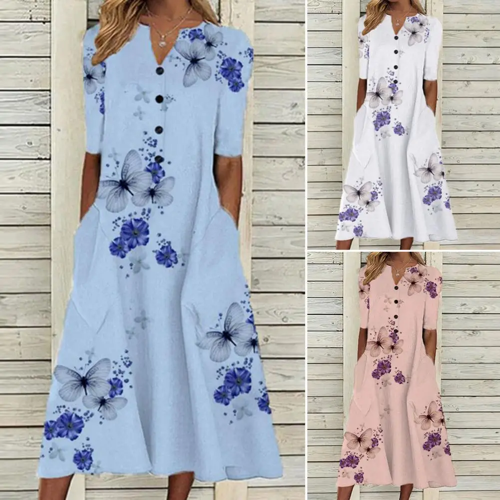 

Элегантные женские платья с V-образным вырезом и цветочным принтом, декоративное платье из полиэстера с коротким рукавом и пуговицами, вече...