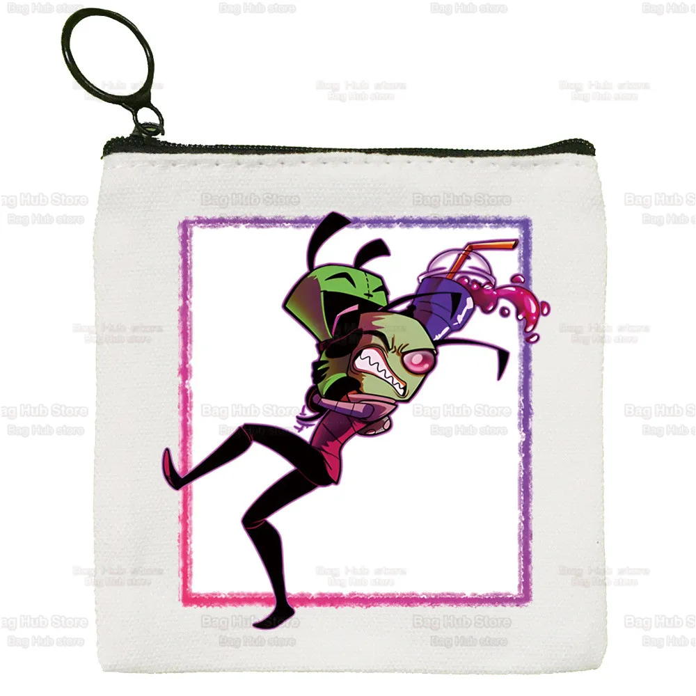 Kawaii Cartoon Invader Zim Alien Anime Canvas Card Coin Purse Female Cute Simple Coin Mini Zipper Bag