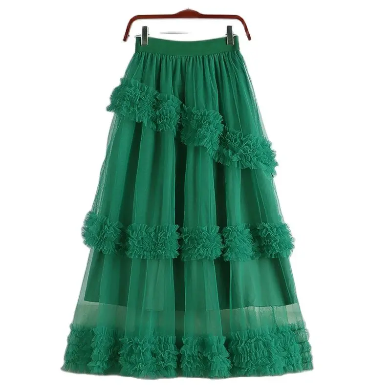 

Spring Summer Pink Cakee Long Tulle Skirt Female Slanting Fungas Sweet Tiered A-line Long Mesh Skirts