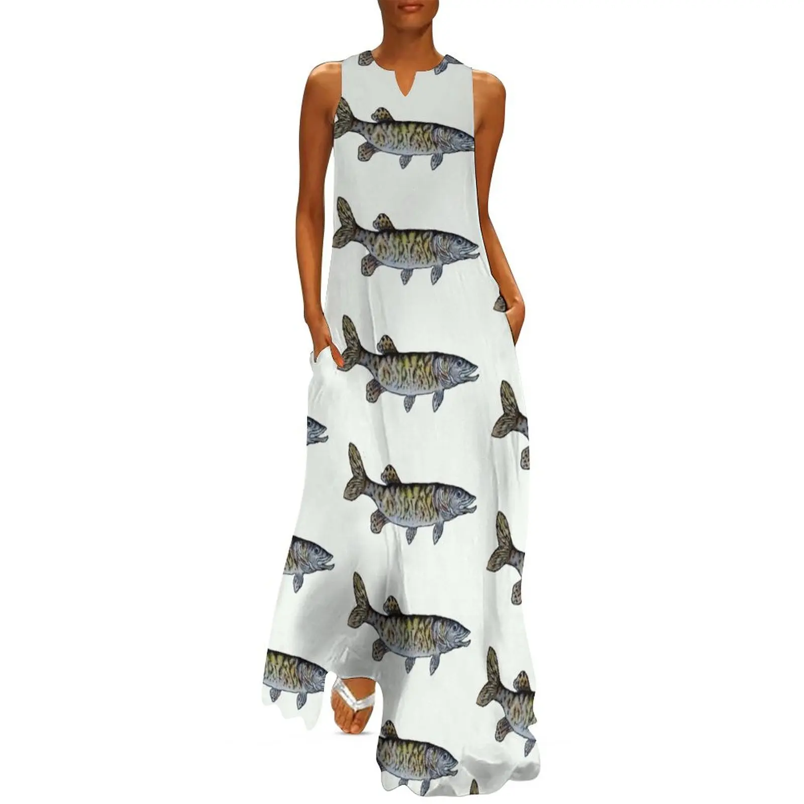 Musky Fish Illustration Off White Long Dress платья для женщин вечерние женские