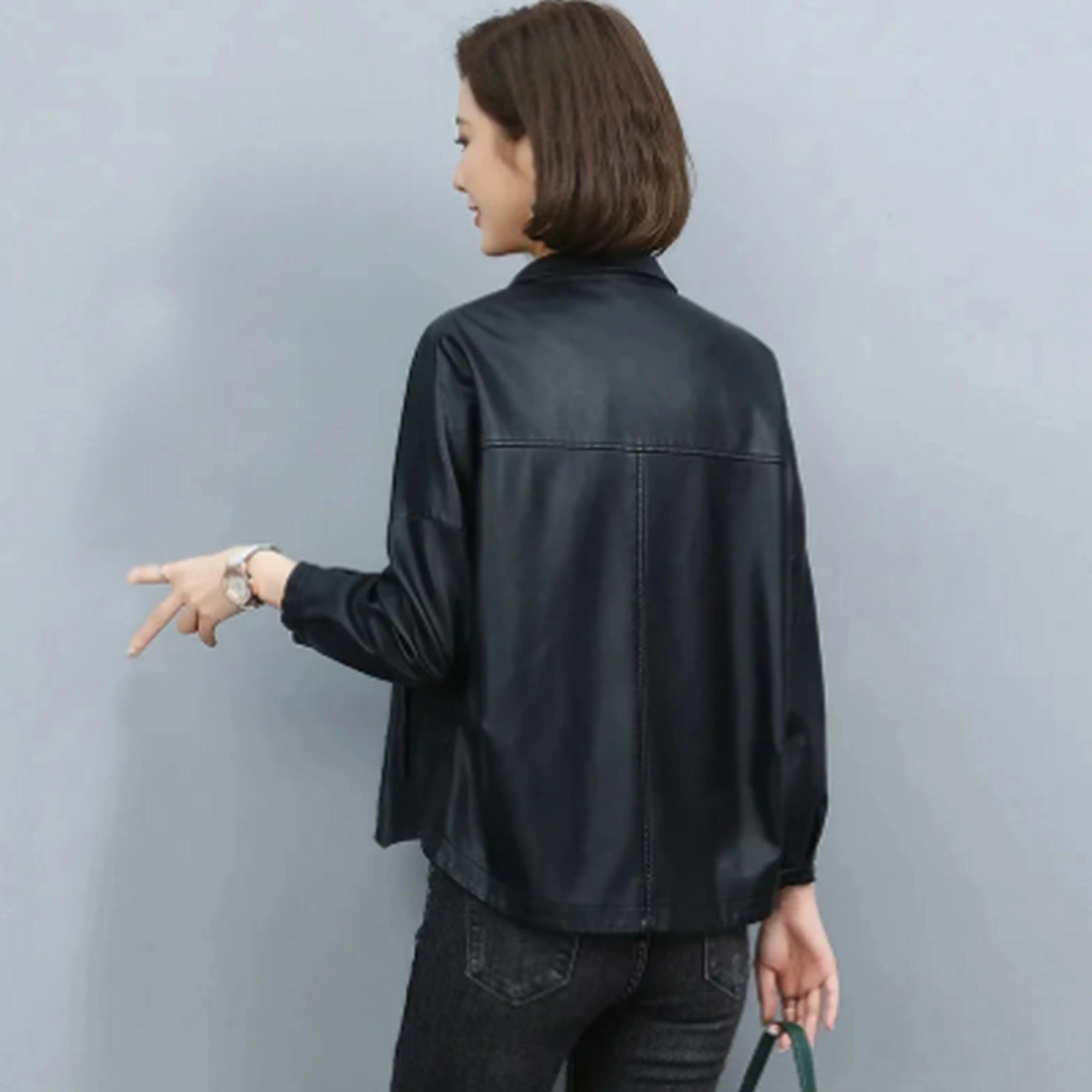 Short Leather Jacket Spring Autumn 2023 Korean Casual Loose Stand Collar Faux Leather Jacket Single Breasted Outerwear Womens