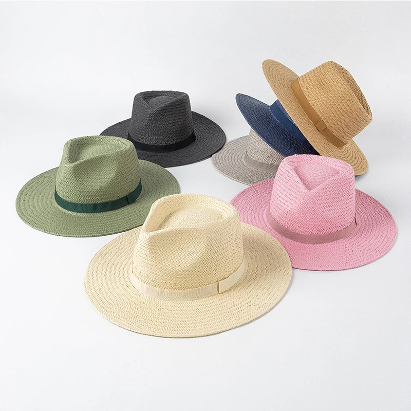 2023 New Plain Band Panama Straw Hats for Women Summer Beach Hats Wide Brim Sun Hat Funeral Church Derby Fedora Cap UPF50+ images - 6