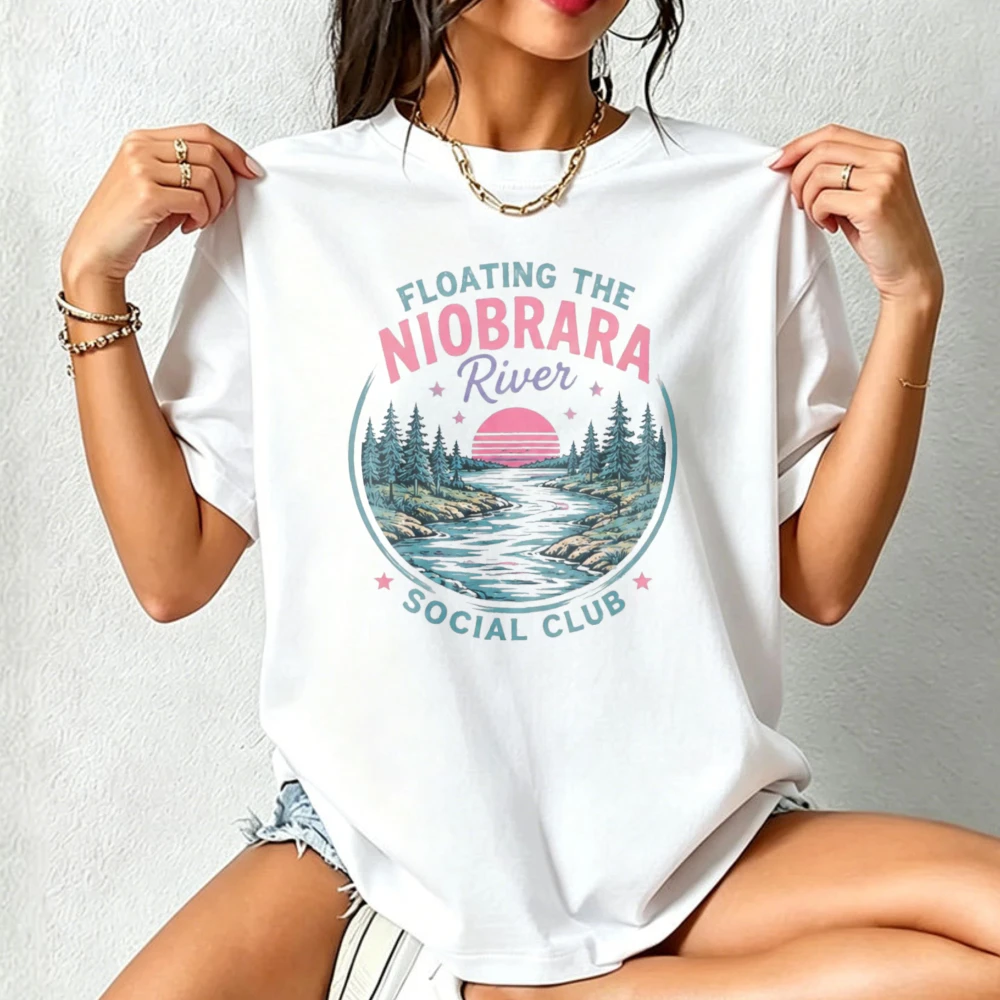 Фото Футболка Niobrara River Floating Social Club для женщин, в стиле ретро, с принтом горного заката и кругов, хлопковая, свободного кроя, для активного отдыха на природе, для походов по реке №3