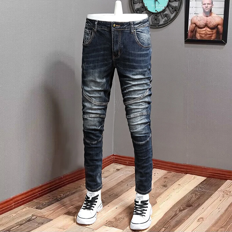 Fashion Streetwear Men Jeans Retro Black Blue Elastic Slim Ripped Jeans Men Spliced Designer Hip Hop Denim Biker Pants Hombre
