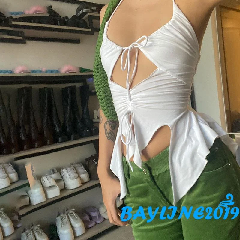

BAY-Women Summer Tank Tops, Solid Color Hollow-Out Lacing Halter-Neck Sleeveless Tank Tops for Girls, White/Black