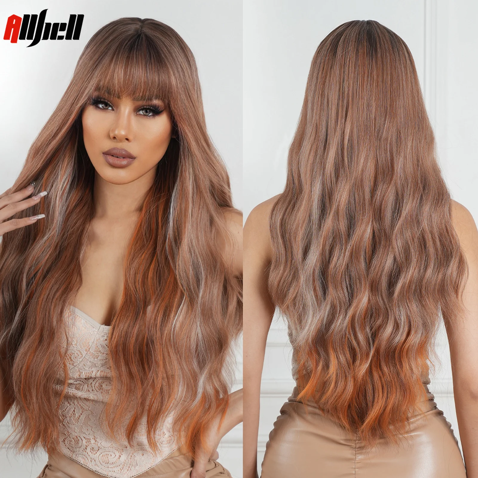 

Коричневый длинный вьющийся синтетический парик Омбре для женщин смешанные красные коричневые Платиновые светлые волнистые с челкой повс...