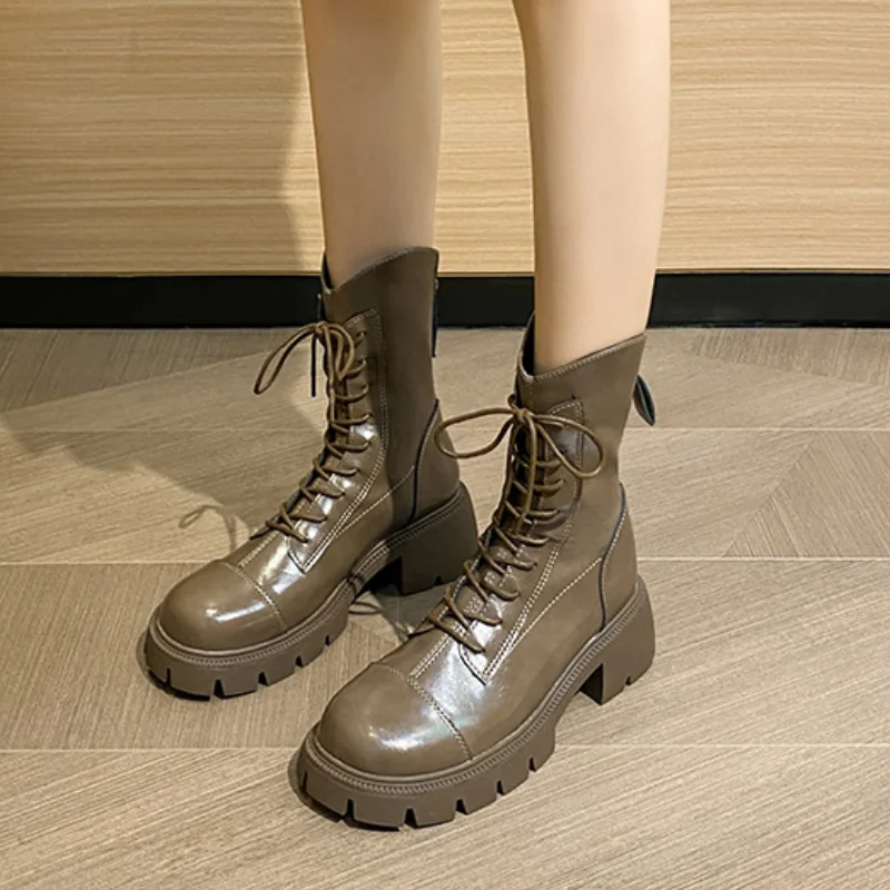 Leather Round Toe English Platform Ankle Boots Women's Padded Lining Boat Lace-Ups Back Zip Botas Mujer Shoes for Women 2023