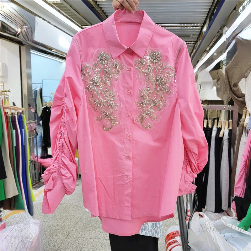 

Loose Shirts for Women 2022 Early Autumn New Industry Beads Flowers Zipper Decorations Loose All-Matching Long Sleeve Blouse
