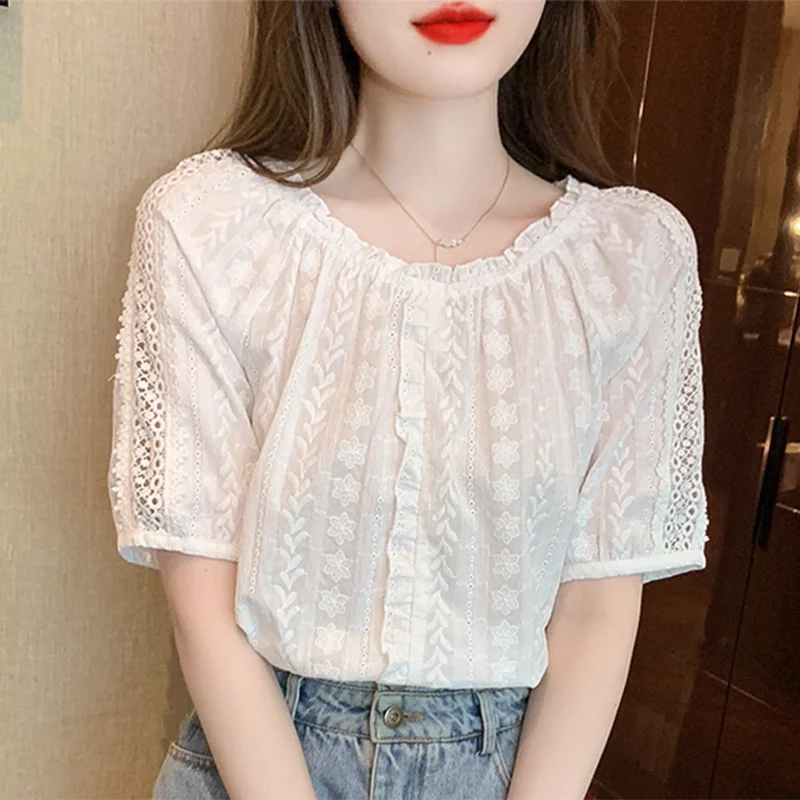 

Summer Tops Embroidery White Slash Neck Shirt Woman 2023 Fashion Casual Off Shoulder Short Sleeve Blouses Female Clothing 27507