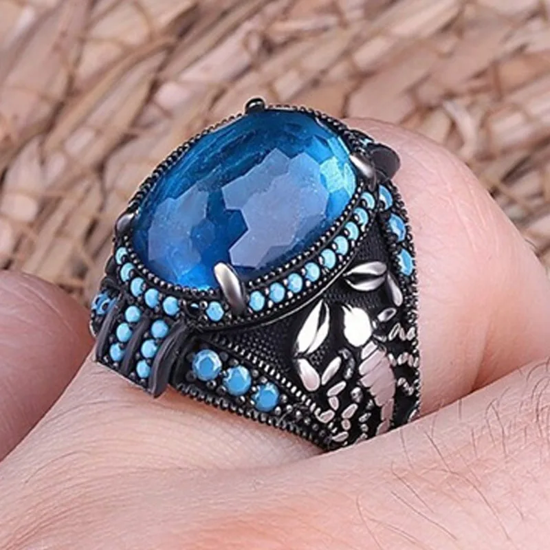 

Vintage Aquamarine Gem Luxury Men's Ring To Attend The Banquet Party Niche Ring High-end Business Diamond Wedding Jewelry