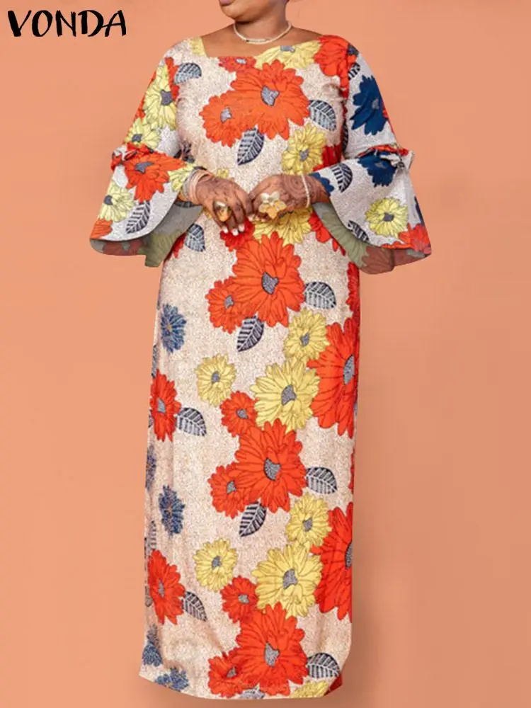 

2022 VONDA Oversize Vintage Maxi Dress Summer Women Long Flare Sleeve Party Dresses Loose Bohemian Floral Printed Pleated Robe