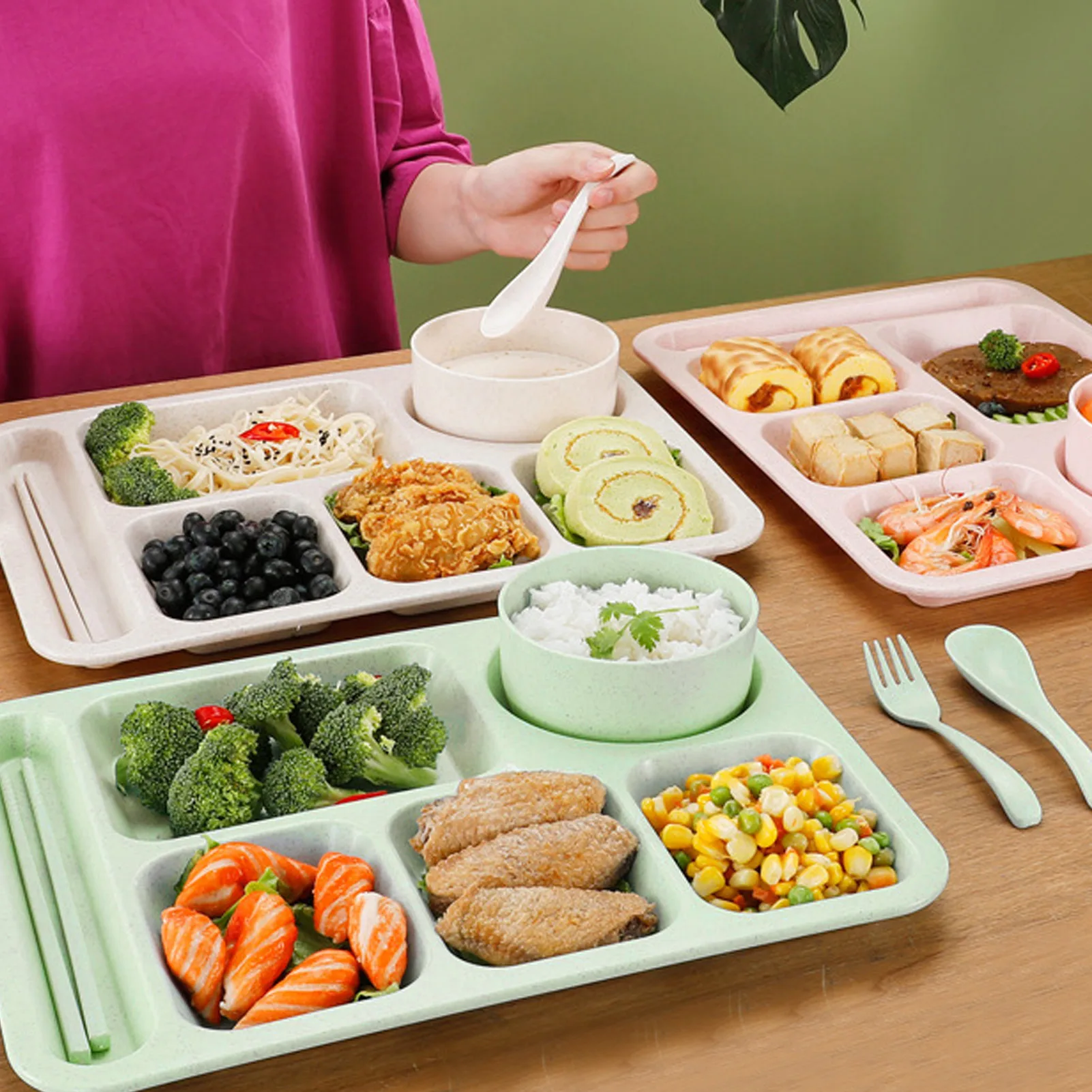 

Wheat Straw Divided Dinner Tray Lunch Container Fast Food Plate Student Adult Canteen Tableware Divided Grid Plate with Cutlery