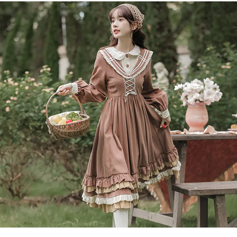 

Женское ретро платье с рукавами-фонариками, осеннее платье в литературном стиле с воротником «Питер Пэн», милое платье в японском стиле Лол...