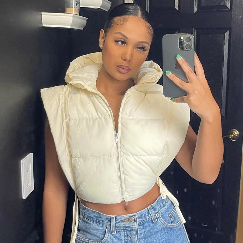 2021 Autumn New Style Hooded Side Leakage Sleeveless Straps Short All-match Fashion Cotton Bubble Puffer Coat