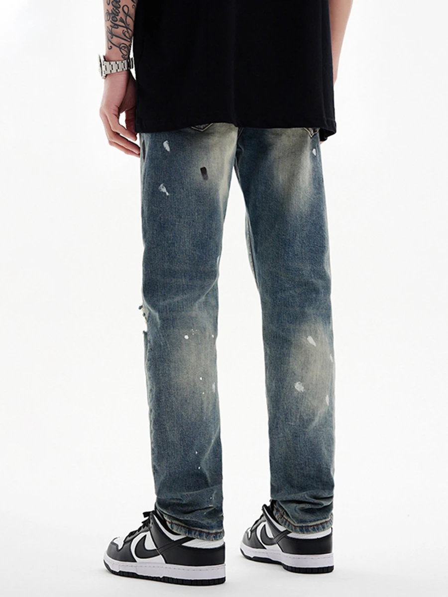 Four Seasons Men's Jeans High Street Graffiti Pants Straight Ripped Casual Trousers Y2k Men Jeans Streetwear Ins Hot Sale JEANS