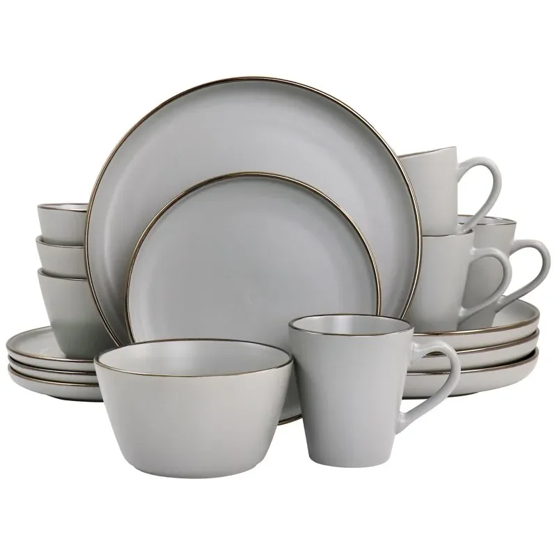 

Louis 16 Piece Stoneware Dinnerware Set in Matte Slate with Gold Rim