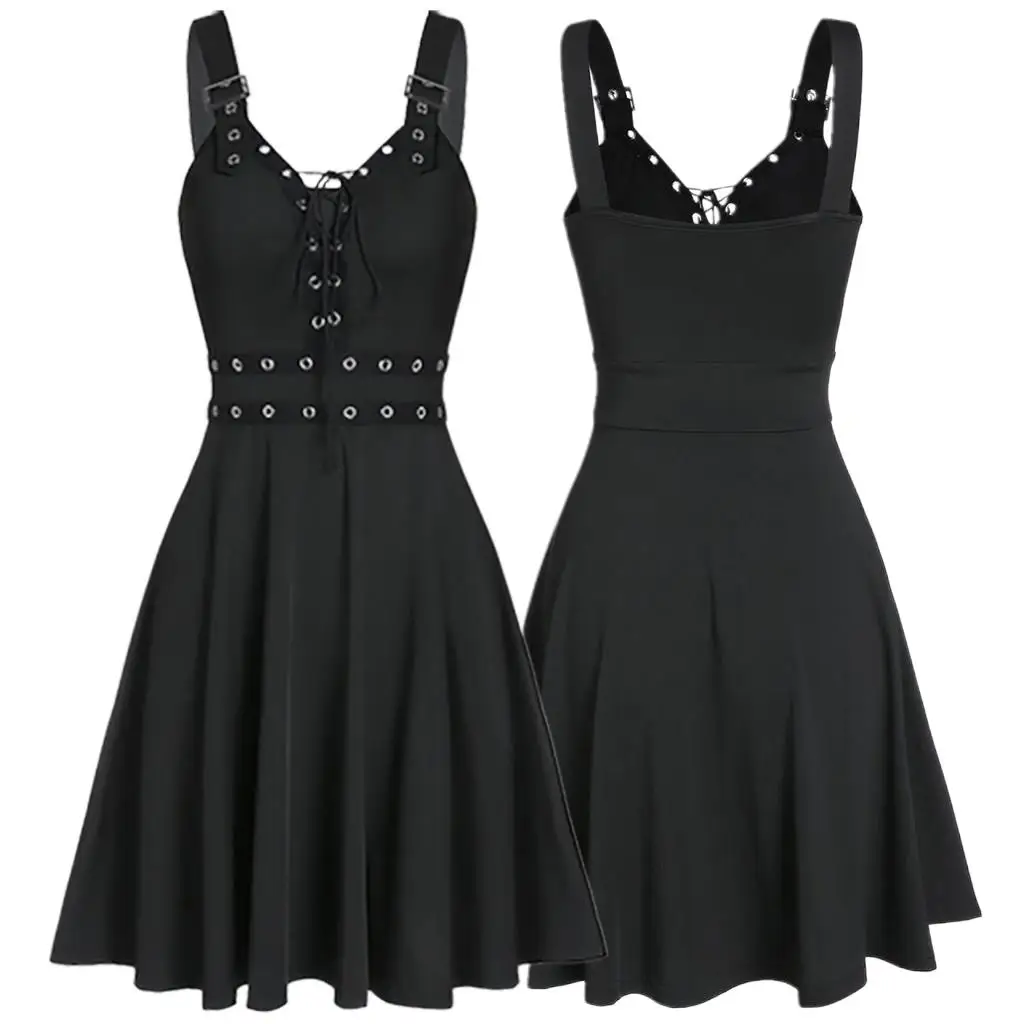 

Spaghetti Strap Gothic Dresses Women Plus Size Soild Sleeveless Camisole Dresses Bandage Irregular Hem Mini Dress