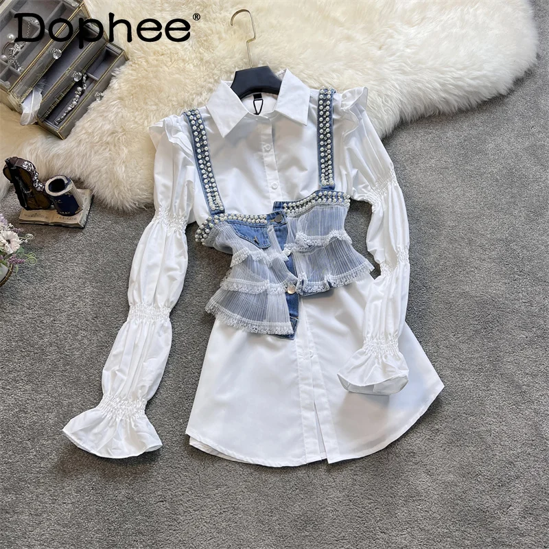 

Chic Suit Women Blouse 2 Piece Set 2022 Spring New Heavy Bead Mesh Denim Vest White Mid-Length Shirt Dress Two-Piece Sets Female