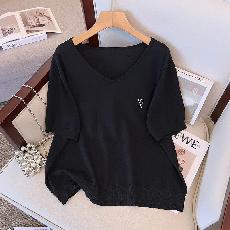

Up To 175kg 6XL 7XL Large Women's Summer Ice Silk Knitted Tops Fat Female Show Thin Casual Loose Short Sleeve T-shirt Tees Tops