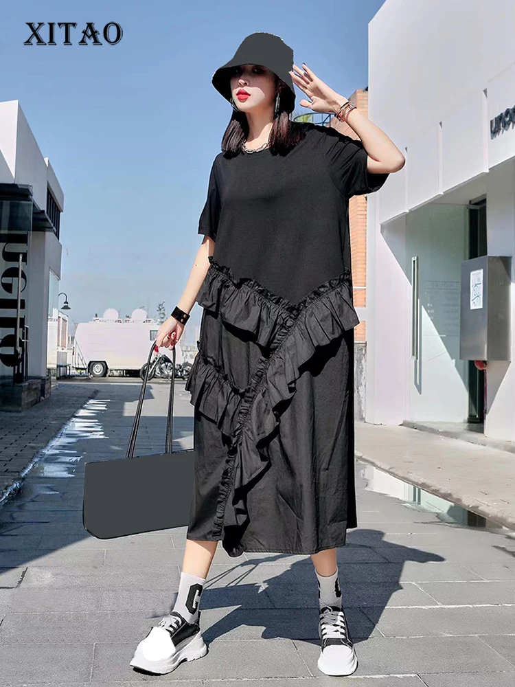 

XITAO Solid Patchwork Dress Women Korea 2022 Summer New Arrival Personality Fashion Loose O-neck Short Sleeve Dress WLD7166