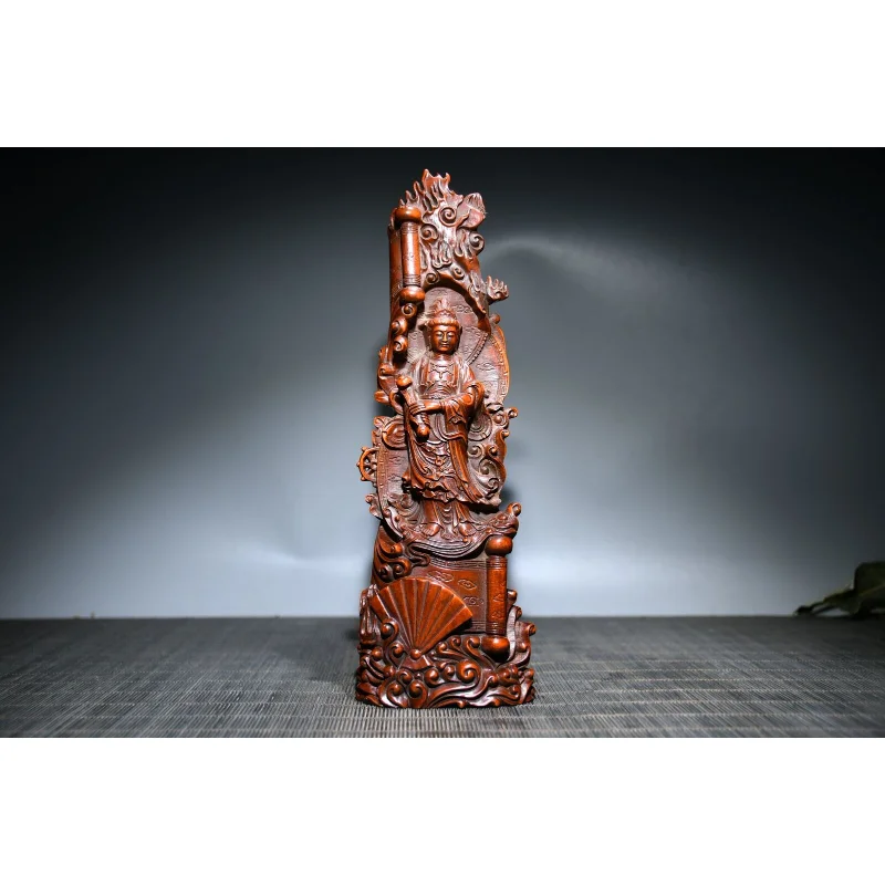 

8"Collect China Box-wood Hand Engraving Buddhism Cloud Ruyi Guanyin Kwan-yin Stand Statue Craft Gift Decoration Home Decore