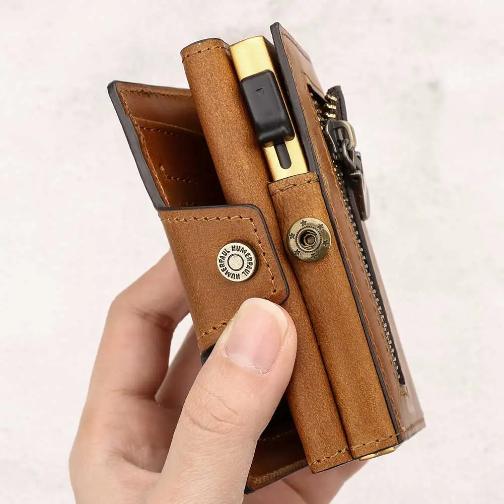RFID Credit Card Holder Genuine Leather Wallet for Men with Zip Coin Pocket Aluminium Cardholder Case with Banknote Compartment
