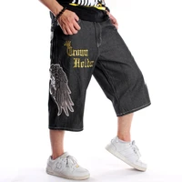summer loose wide leg embroidery men shorts jeans hip hop skateboard baggy capri pants male printed denim shorts oversize 30 46