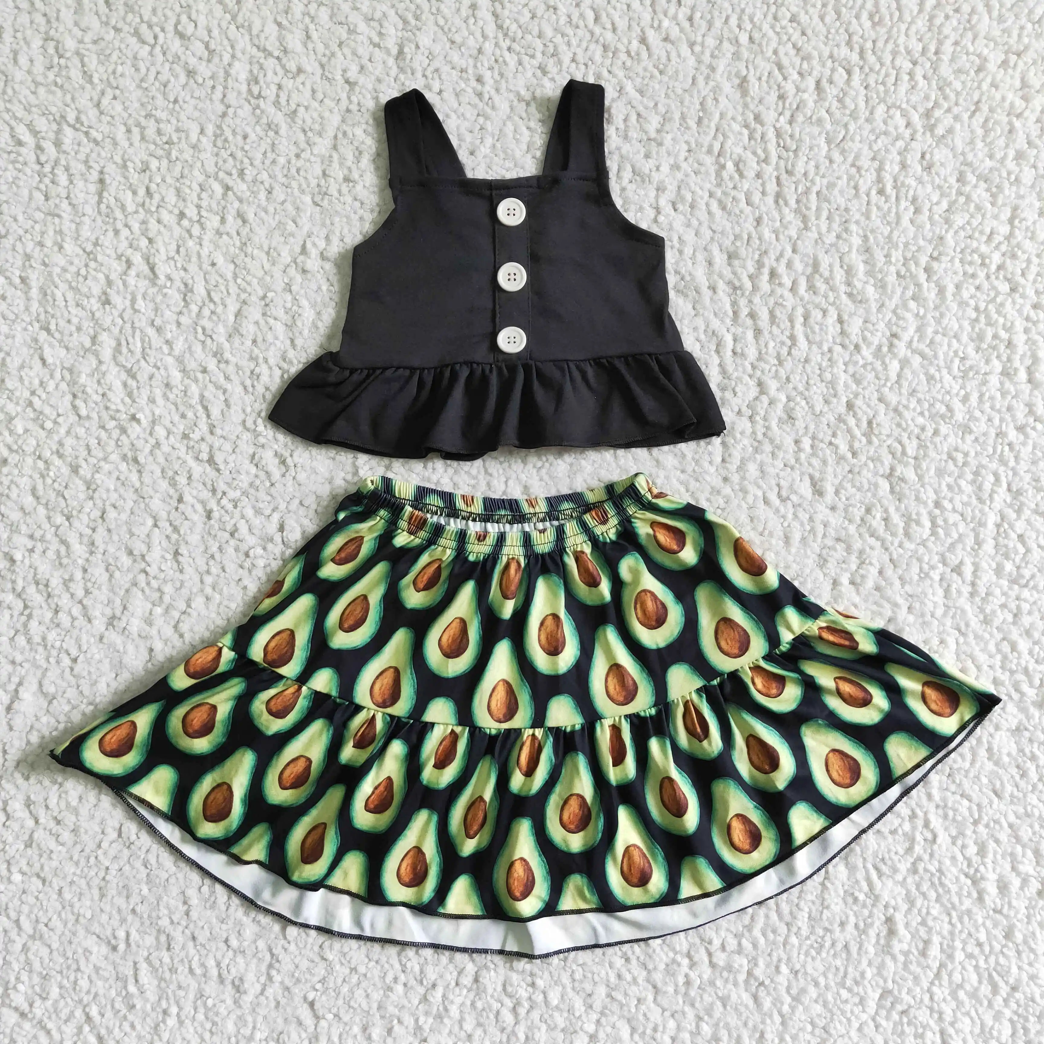 Girls crop top avocado skirt summer kids clothing wholesale cute little girl clothes