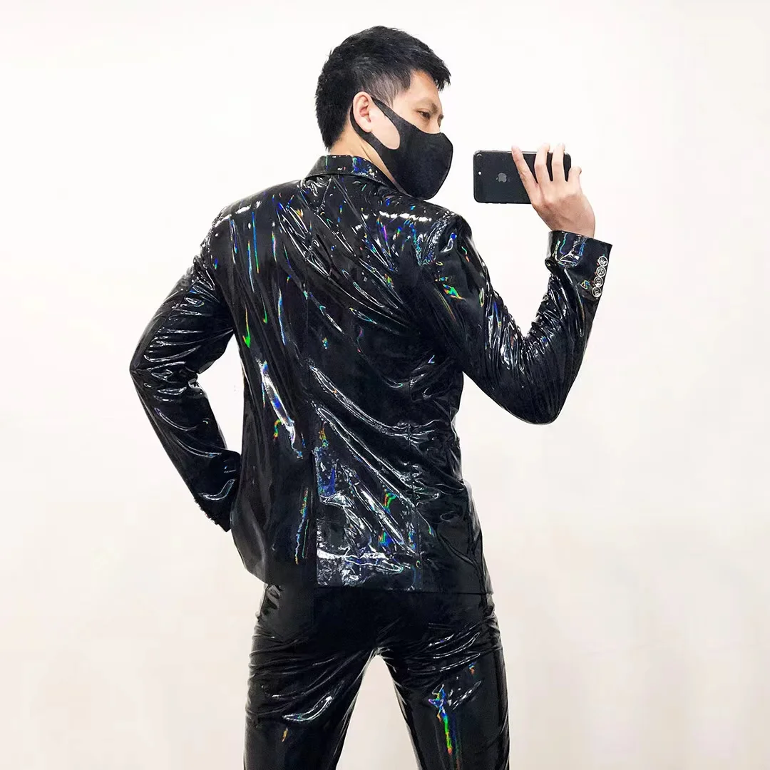 Bar Male Singer Black Shiny PU Leather Blazer Coat One Button Slim Soft Paint Jacket Stage Performance Costume Plus Size