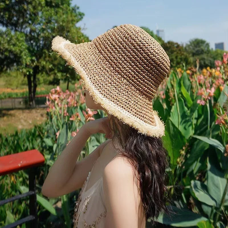 Простая 100% рафия с кисточками для девочек шляпа от солнца широкими полями флоппи