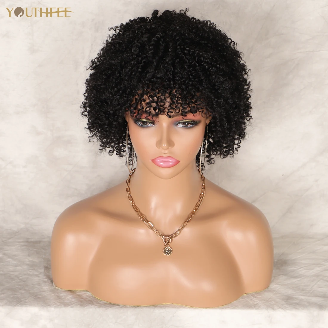 

Youthfee Curly Synthetic Machine Wigs Short Bob 6 Inches Afro Kinky Curly Full Wigs With Bangs For Black Women